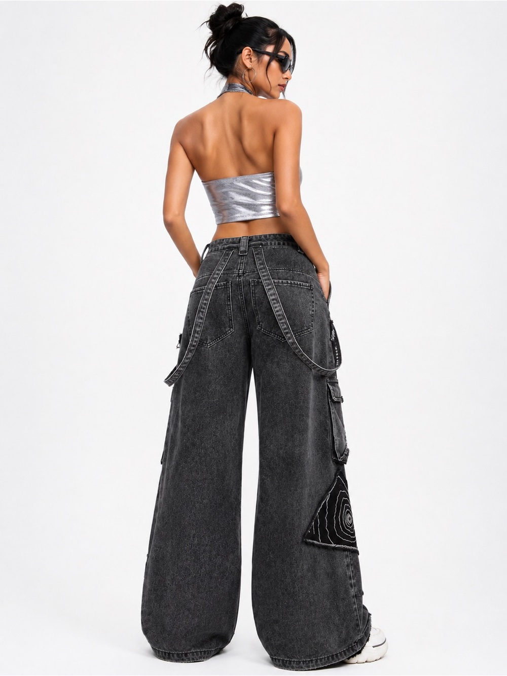 ROMWE Grunge Punk Wide Leg Cargo Boyfriend Jeans Dark Gray Y2K Size 4/S NWOT - Picture 2 of 3
